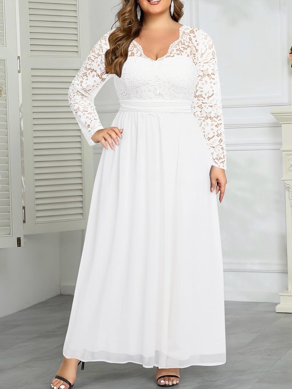 Talisea Wedding Plus Size 14W Formal  Bridal Long Sleeve Lace Chiffon Maxi Dress
